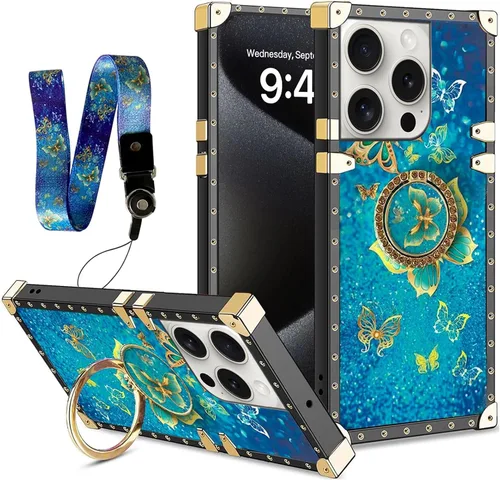 Miniatura 13 de nancheng Funda para iPhone 15, diseño de flor de mariposa azul, TPU suave, a prueba de golpes, con soporte de anillo y cordón a juego, elegante