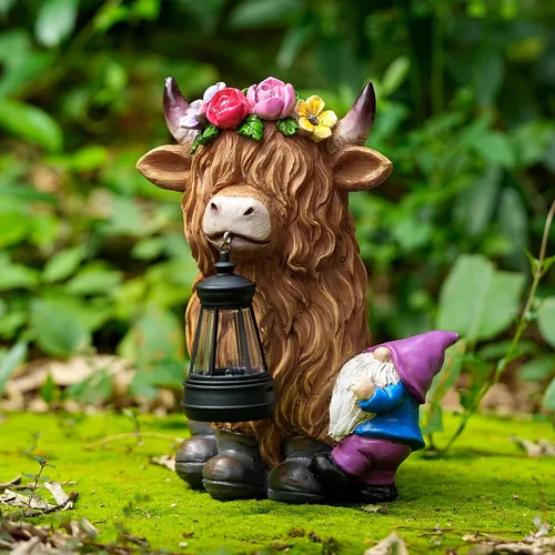 Miniatura 2 de TOLIMI - Farol de jardín con estatuas de resina de vaca de las tierras altas con gnomo, decoración de luz solar para exteriores, decoraciones