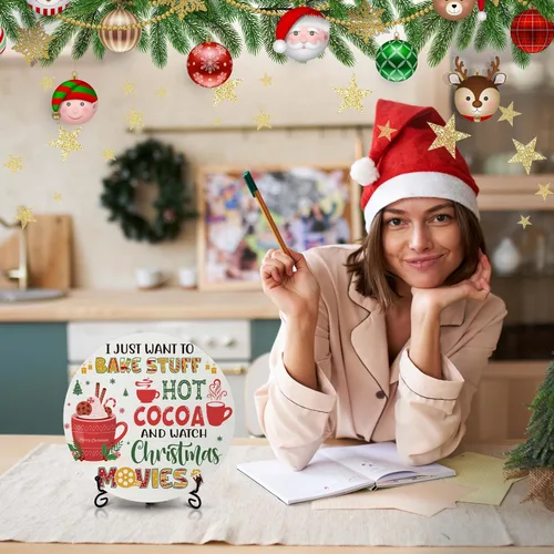 Miniatura 3 de Decoraciones navideñas para el dormitorio del hogar, letrero redondo de madera de cacao caliente con soporte de hierro para estante de mesa de Hot