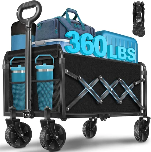Carro plegable con ruedas: Carro de utilidad plegable de 360LBS de alta resistencia - Carro de compras portátil todo terreno para compras de