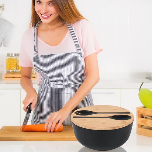 Miniatura 7 de GEHE - Juego de ensaladera de fibra de bambú con utensilios para servir - Grande de 9.8 pulgadas, recipientes para mezclar de bambú sólido