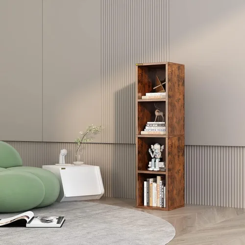 Estantería de 4 estantes, estante de almacenamiento de 4 cubos, mesita de noche pequeña, armario rústico pequeño para sala de estar, dormitorio,