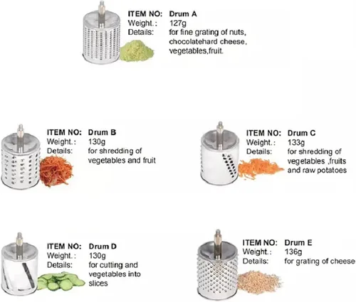 Miniatura 7 de DYNAMI Rallador giratorio de acero inoxidable 5 en 1, rallador de cocina, cortador de verduras, molinos de alimentos con 5 tambores inoxidables
