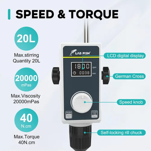 Miniatura 2 de LAB FISH Agitador de laboratorio Varilla de agitación y soporte de acero inoxidable Mezclador velocidad ajustable 100-1500RPM Capacidad 20L