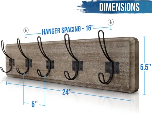 Miniatura 2 de HBCY Creations Perchero de pared rústico envejecido con 5 ganchos, ganchos de pared de pino macizo de 24 pulgadas para entrada, cuarto de servicio