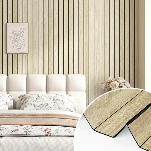 Miniatura 2 de Wallercity Paneles acústicos de listones de madera marrón claro para decoración elegante, reducción de ruido, paneles de grano de madera con textura