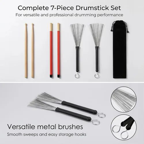 Miniatura 3 de Tbrand Baquetas de tambor 1 par de baquetas de madera de arce 5A, 1 par de cepillos retráctiles para tambor y 1 par de cepillos de tambor