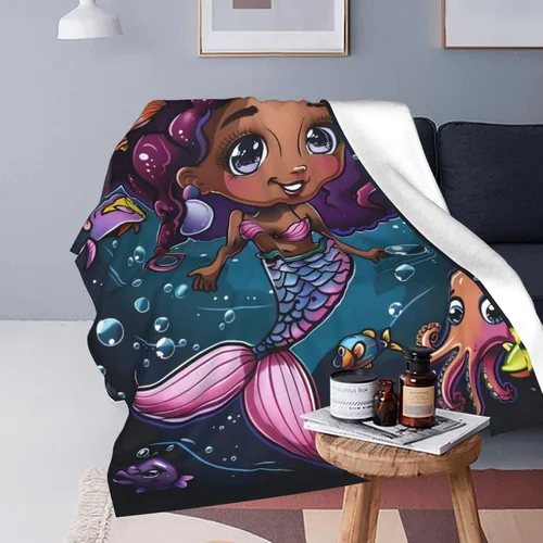 Miniatura 6 de Manta de Sirena de Niña Negra Decoración de Sirena Manta Decorativa Regalos para Niñas Niños Amantes de Sirenas Invierno Sofá Ropa de Cama Súper