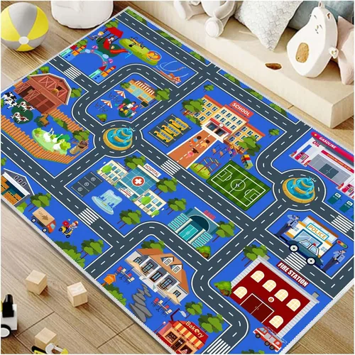 Alfombra de coche de carretera para niños, 31 x 47 pulgadas, alfombra de pista de carreras de ciudad, alfombra de carreras para niños, alfombra de
