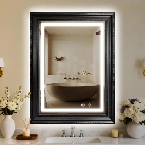 Miniatura 15 de ROLOVE Espejo antiguo negro y dorado de 23 x 33 pulgadas para pared, espejos vintage iluminados para baño con antivaho, marco impermeable, vidrio