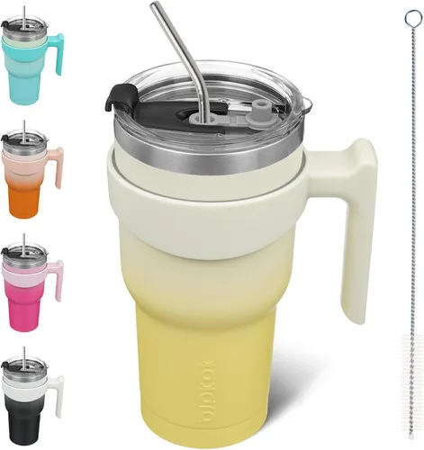 Miniatura 9 de BJPKPK Vaso con asa de acero inoxidable de 20 onzas, con aislamiento de doble pared, con tapa y pajita, color rosa claro A-rosa claro