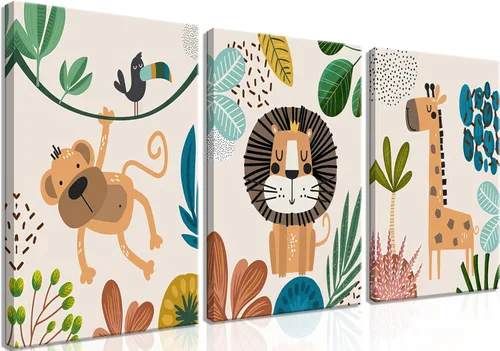 Miniatura 11 de Juego de 3 Arte de Pared de Animales del Bosque, Lienzo de Decoración de Pared con Imágenes de Animales Salvajes para Guardería, Lindo Póster
