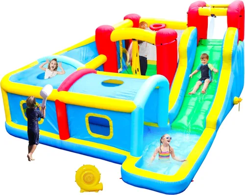 WELLFUNTIME Parque inflable de tobogán acuático con soplador, castillo hinchable de 156 x 143 x 75 pulgadas con tobogán, escalada en roca, piscina