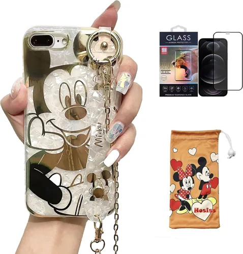 Miniatura 9 de Funda de dibujos animados para iPhone 7/8/SE de 4.7" con protector de pantalla HD, Mickey Mouse con correa de muñeca, soporte, cadena de metal