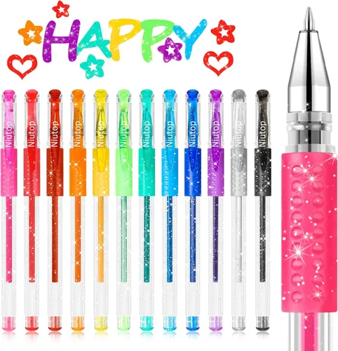 Niutop Bolígrafos de colores para adultos, bolígrafos de gel perfumados con purpurina de 12 colores, marcadores para colorear, bolígrafos de dibujo,