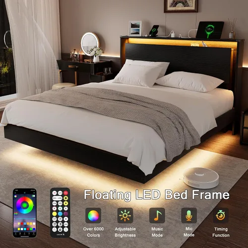 Miniatura 3 de Einhomn Marco de Cama Tamaño Queen con Luces LED y Estación de Carga – Marco de Cama Queen Flotante de Madera para Niños con Cabecera de Negro