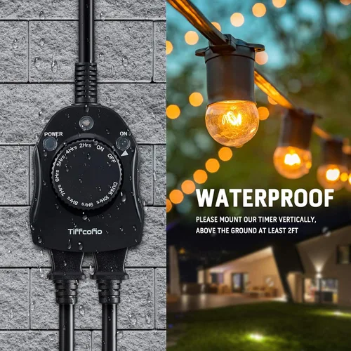 Miniatura 4 de TiFFCOFiO Enchufe Temporizador para Exteriores, Temporizador con Sensor de Luz del Atardecer al Amanecer Resistente a la Intemperie, 2 Enchufes