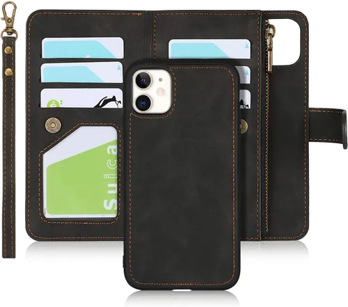 iCoverCase Funda tipo cartera para iPhone 11 con tarjetero y correa para la muñeca, de piel sintética, ranuras para tarjetas, bolsillo con Negro