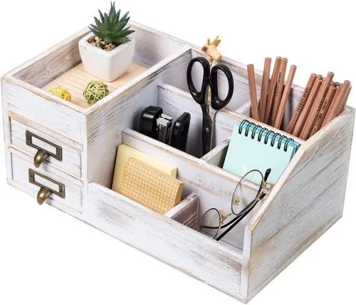 Organizador de escritorio de oficina de madera rústica envejecida, estante organizador de mesa para el hogar con múltiples compartimentos, cajones