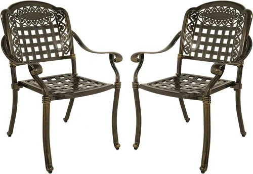 VIVIJASON 2 sillas de aluminio fundido para exteriores, reposabrazos de patio, sillas de comedor para jardín, piscina, patio trasero, bronce antiguo