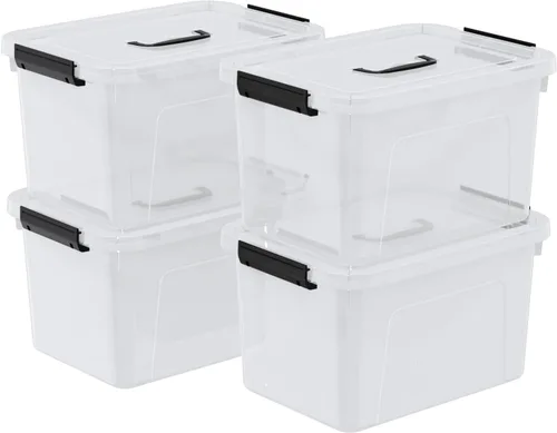 Contenedores de almacenamiento de plástico de 10 cuartos de galón con tapas y asa, 4 paquetes de caja transparente con pestillo