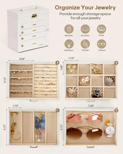 Miniatura 3 de Homde Joyero enorme de cuero sintético con espejo, organizador de relojes, collar, anillo y aretes, estuche de regalo con cerradura (blanco + dorado)