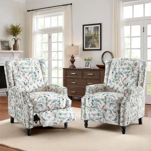 Miniatura 49 de Silla reclinable tapizada, sillón de ala floral con respaldo y reposapiés ajustables, cómoda silla decorativa para leer, sofá individual