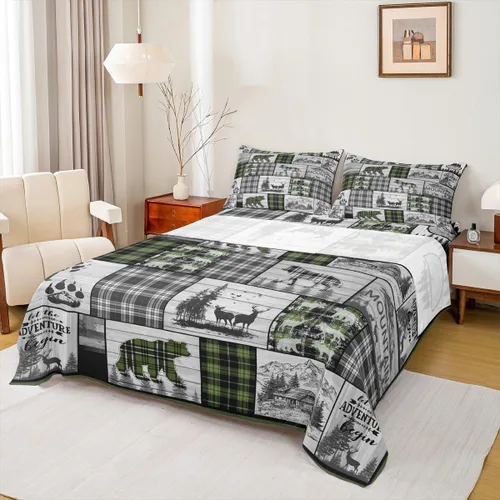 Miniatura 35 de Rustic Lodge - Juego de sábanas tamaño individual con diseño de oso y alce, diseño de retazos, color rojo y negro, a cuadros, ropa de cama de Multi