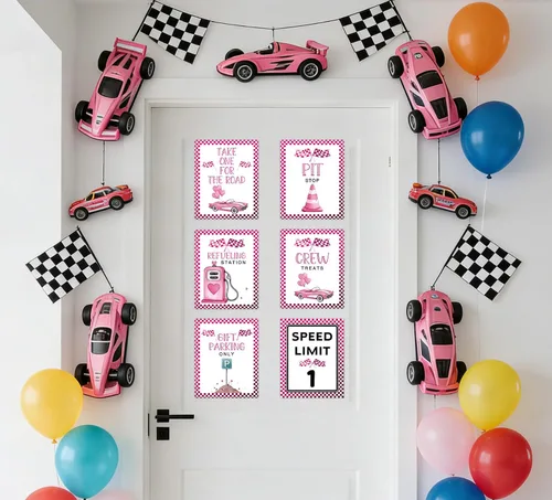 Miniatura 4 de Letreros de fiesta de primer cumpleaños de coche de carreras rosa, límite de velocidad, decoraciones de cumpleaños para niña, decoración rápida