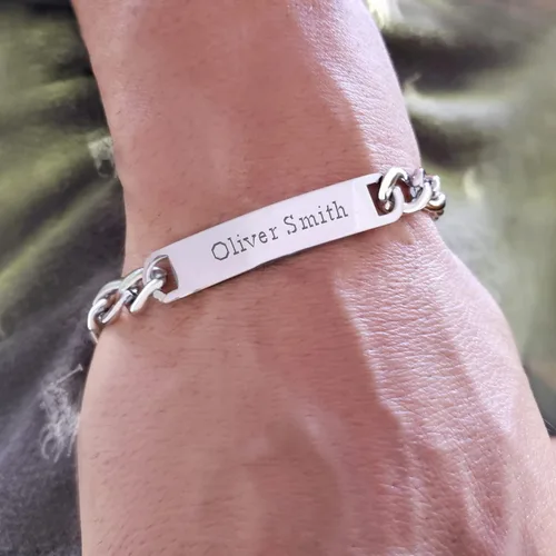 Miniatura 15 de LeCalla Pulsera personalizada con nombre de identificación personalizada grabada Pulsera de identificación de barra de eslabones para hombre