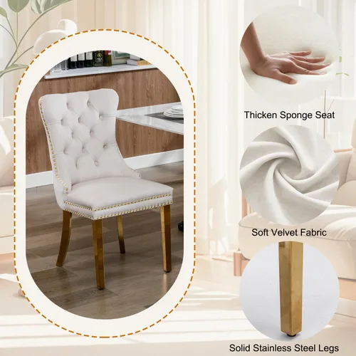 Miniatura 7 de Juego de 5 mesas de comedor negras brillantes para 4, mesa de cocina moderna de madera de alto brillo con 4 sillas de terciopelo beige, mesas