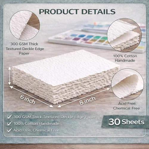 Miniatura 2 de 30 hojas de papel de acuarela de algodón blanco de 300 GSM, 6 x 8 pulgadas, borde texturizado con pliegues, ideal para invitaciones de boda, 30