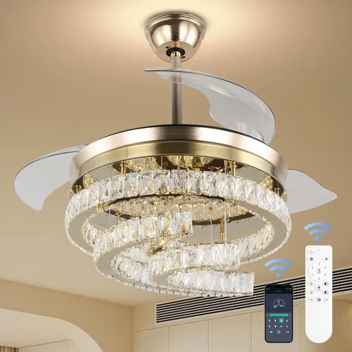 Ventilador de techo regulable de 42 pulgadas con luz y control remoto de cristal, moderno ventilador retráctil con memoria, motor silencioso, 6