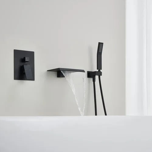 Miniatura 5 de Wowkk Llenador de bañera de montaje en pared, grifo de bañera en cascada, grifo de baño negro de latón con una sola manija con ducha de mano