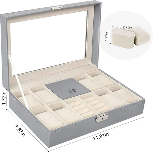 Miniatura 5 de NEX Caja de reloj, 8 ranuras de cuero con cerradura para reloj con almacenamiento de anillo para mujeres y hombres (gris)