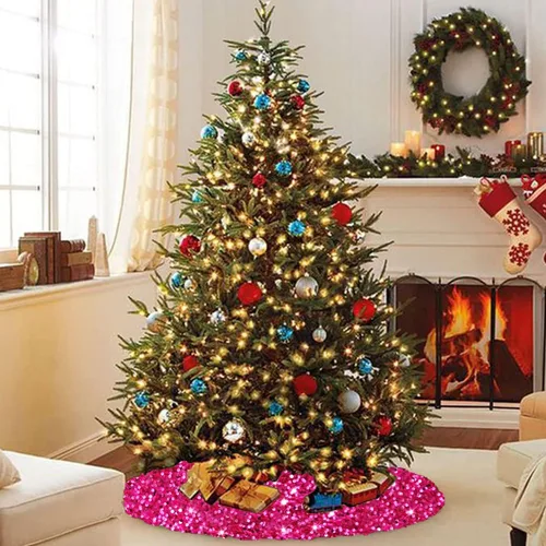 Miniatura 7 de Falda de árbol de Navidad rosa intenso de 46 pulgadas, falda de árbol de Navidad con lentejuelas brillantes, falda de árbol de Navidad fucsia