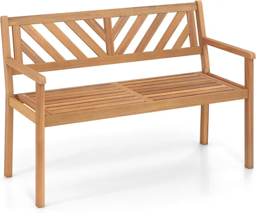 Tangkula Banco de dos plazas de madera de acacia para exteriores, banco de jardín para 2 personas con reposabrazos y respaldo, muebles de madera de