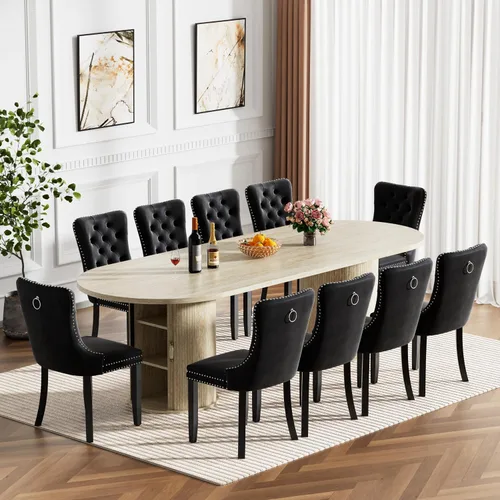 Miniatura 32 de Mesa de comedor redonda extensible de 94 pulgadas con base de almacenamiento, mesa de comedor expandible natural para 10, mesa de comedor de madera