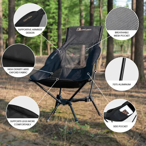 Miniatura 6 de MOON LENCE Silla de camping plegable de respaldo alto, silla compacta portátil de 330 libras con asiento ancho y respaldo ergonómico (negro)