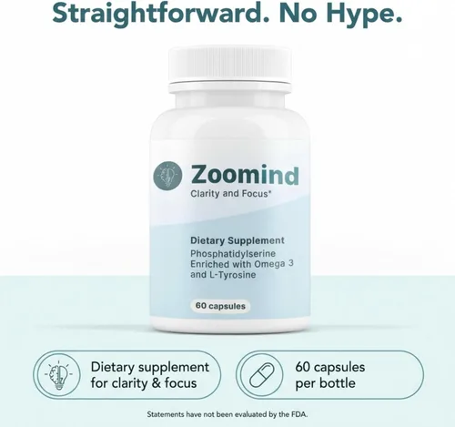 Miniatura 5 de Zoomind - Suplementos cerebrales para concentración y claridad, salud cerebral con omega-3, fosfatidilserina (PS) y L-tirosina. Apoya la función