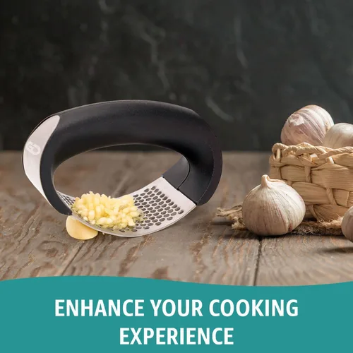 Miniatura 5 de Prensador basculante de ajo, triturador, herramienta picadora de acero inoxidable con pelador de ajo, espátula y cepillo para extraer más pasta