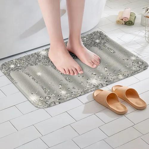 Miniatura 4 de Feelyou Tapete de baño antideslizante con estampado plateado con purpurina (sin purpurina), color gris, lanudo y absorbente, para piso de diamante