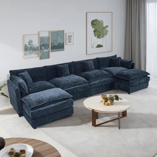 Miniatura 24 de Setawix Sofá Profundo de 3 Plazas con Otomana, Sofás de Nube en Forma de L de 112.2" para Sala de Estar, Sofá de Nube de Chenilla con Asiento Café