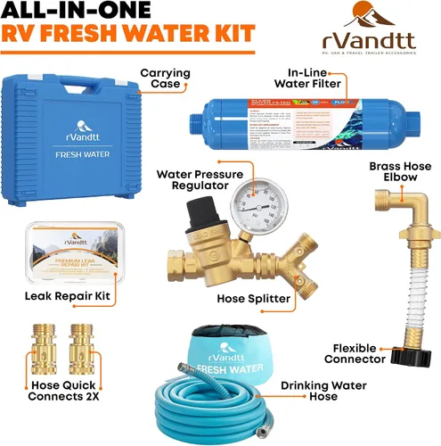 Miniatura 2 de Kit de agua dulce RV con manguera para beber, regulador de presión de agua para caravana, filtro, conectores de manguera, kit de reparación
