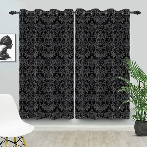 Cortinas opacas florales de damasco negro, vintage, elegante, con estampado de flores abstractas, 21 x 45 pulgadas, juego de cortinas para ventana