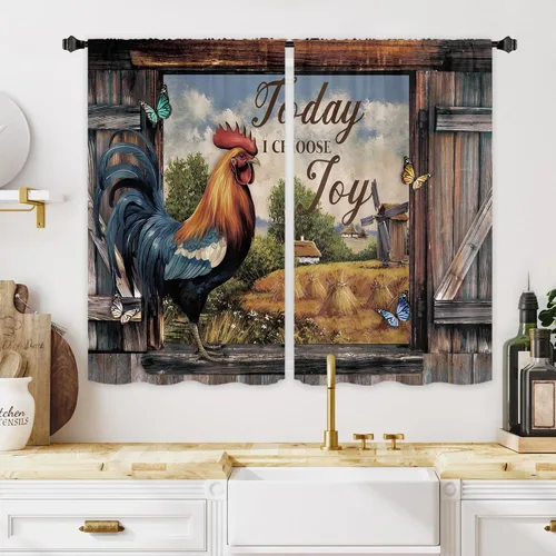 Miyotaa - Cortinas rústicas de granja con diseño de pollo para cocina, 2 paneles, 27.5 pulgadas de ancho x 39 pulgadas de alto, bolsillo para