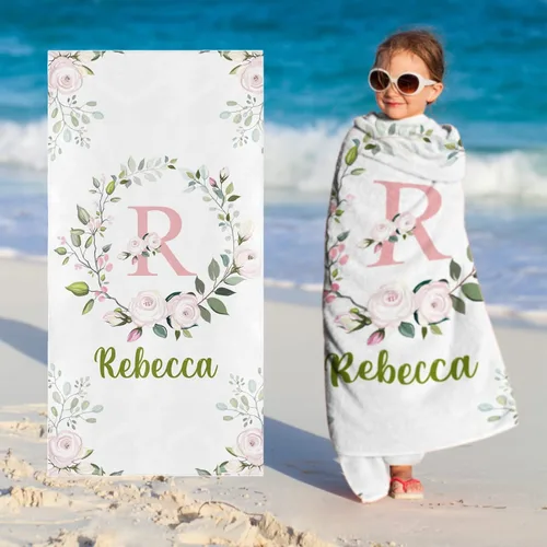 Miniatura 19 de Toallas de playa personalizadas para bebé niña con nombre para niños y adultos, toalla de baño de algodón con flores de acuarela personalizadas