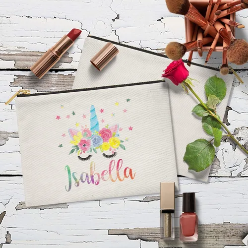 Miniatura 6 de Bolsa de maquillaje, bolsa de cosméticos, bolsa de cosméticos, bolsa de maquillaje con nombre personalizado de unicornio en acuarela, bolsa