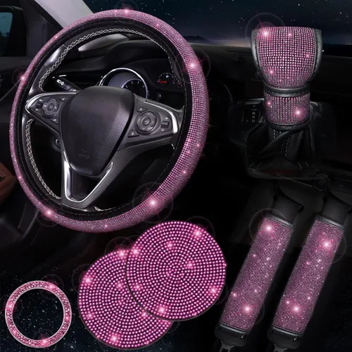 Miniatura 9 de ToBeQueen Juego de fundas para volante brillantes de 15 pulgadas, paquete de 7 piezas con accesorios de diamantes de imitación y cristales