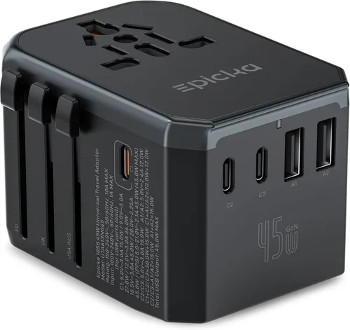 EPICKA Adaptador de viaje universal GaN 45W, adaptador de enchufe de viaje europeo con carga rápida PD&QC (2 puertos USB-A y 3 puertos USB-C) -